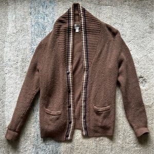 J Crew Textured rugged merino wool shawl cardigan with striped trim